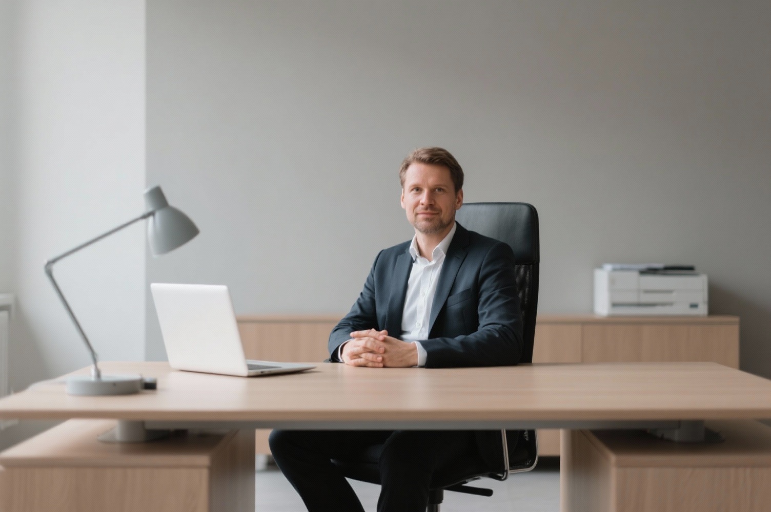 Geschäftsführer im modernen Büro – symbolisch für strategische Verantwortung bei IT-Sicherheit und NIS2-Compliance