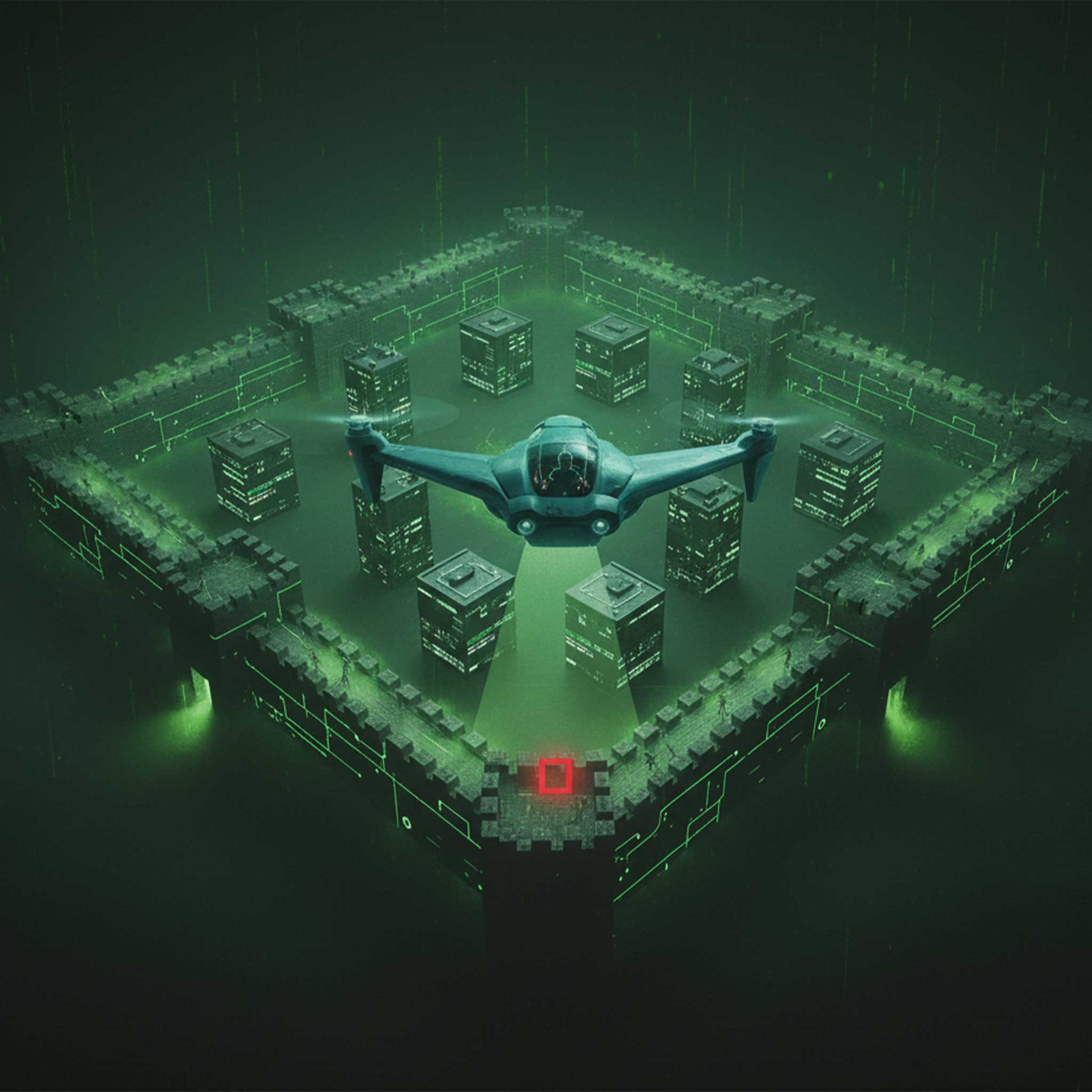 Drohne scannt digitale Festung – symbolisch für IT-Risikoanalyse und NIS2-Compliance mit LocateRisk