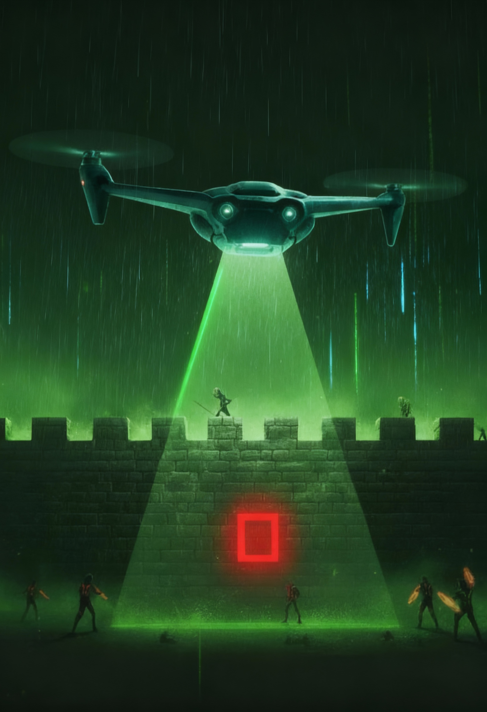 Drohne scannt digitale Festungsmauer – symbolisch für Erkennung von IT-Schwachstellen und NIS2-Sicherheitslücken